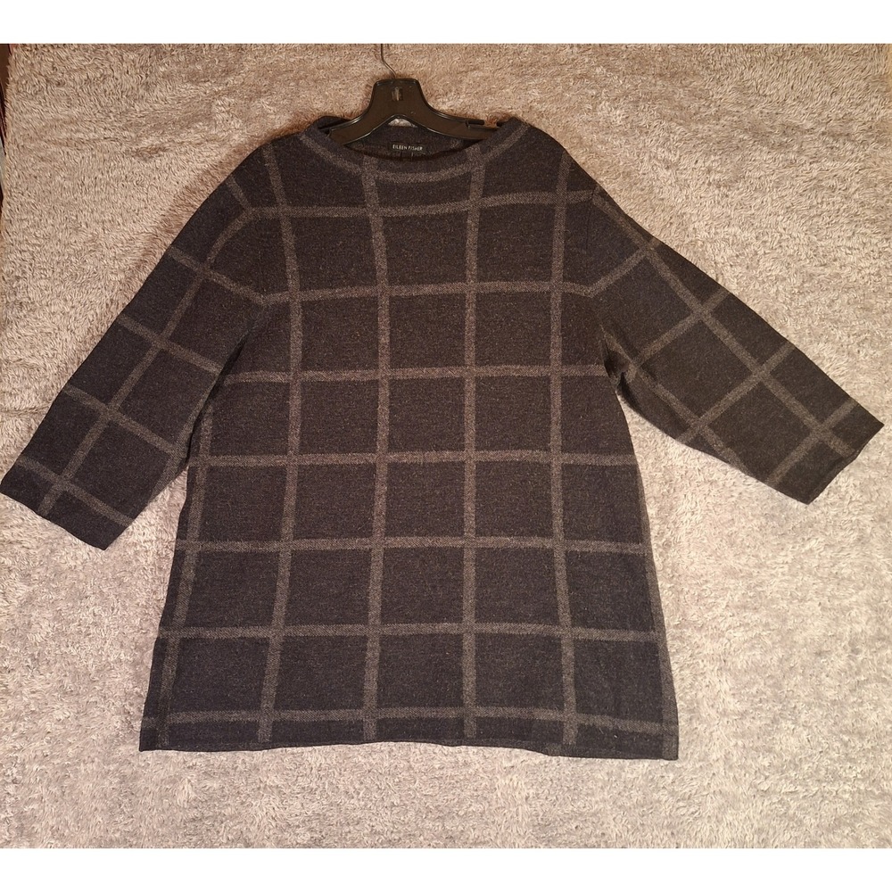 EILEEN FISHER Womens Windowpane Knit Tunic Sweater Size L Charcoal Gray Plaid
